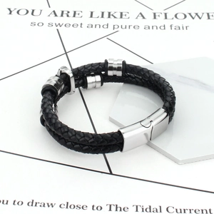 Rock punk style black double-layer braided leather bracelet with skull steel magnetic clasp