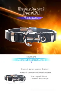 Detail eines Punk-Lederarmbands mit silbernem Anker-Anhänger und Stahl-Verschluss
