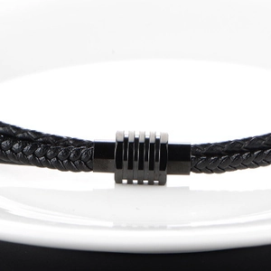 Handmade multilayer black braided leather bracelet for men with industrial metal clasp