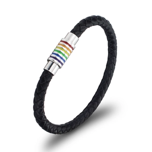 Bracelet Homme en Cuir de Vache Tressé Noir Fermoir Magnétique Arc-en-ciel Bracelet en Acier Inoxydable Bijou Pride Accessoire