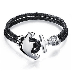 Herren Geflochtenes Leder Armband Totenkopf Anker Verschluss Punk Rock Gothic Nautischer Stil Zweilagig Schmuck Für Ihn