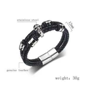 Punk rocker double braided genuine leather bracelet with stainless steel skull and magnetic clasp