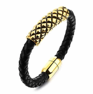Bracelet pour Homme en Cuir de Vachette Véritable Tissé à la Main Avec Fermoir Magnétique en Acier Inoxydable Doré Bijoux de Mode
