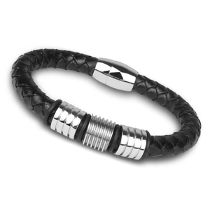 Men Individual Titanium Steel Woven Leather Bracelet Original Design Polished Metal Rings Magnetic Clasp Hand Charm Jewelry