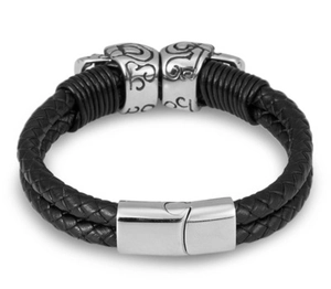 Multilayer braided leather skull bracelet with polished magnetic stainless steel clasp