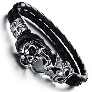 Bracciale in Pelle Intrecciata a Doppio Strato Punk Gotico con Teschio e Strass per Uomo Gioielli di Moda in Stile Hip Hop Rock