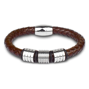 Brown woven leather bracelet for men with steel decorative rings and magnetic clasp