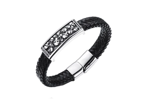 Bracelet cuir punk rock avec plaque en métal crânes gravés et fermoir magnétique