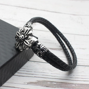 Black woven leather bracelet with vintage silver gothic cross floral metal clasp