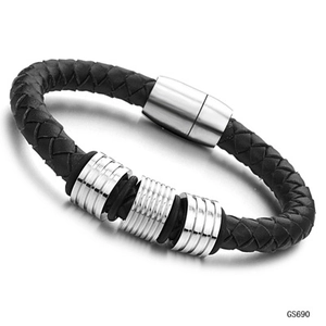 Men's black braided leather bracelet with silver magnetic clasp and metal rings