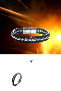 Detail view of 22cm braided leather titanium bracelet with a magnetic clasp