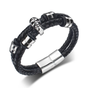 Men's Punk Rock Braided Leather Bracelet With Stainless Steel Skull Ornament And Magnetic Clasp Fashion Jewelry For Men