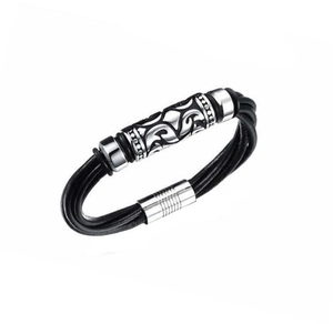 Multilayer braided black leather bracelet for men with silver engraved steel accents