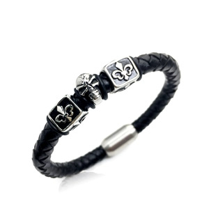 Men Vintage Stainless Steel Skull Braided Leather Bracelet Punk Rock Biker Cuff Jewelry With Fleur De Lis Magnetic Clasp