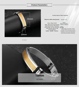 Detail of adjustable black and gold mesh stainless steel bracelet with sizing parameters