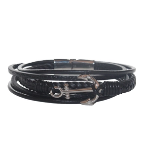 Men's multilayer black leather bracelet with silver anchor charm and magnetic clasp closure