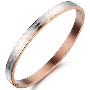 Bracelet bicolore en acier inoxydable avec motif grec gravé, tons or rose et argent poli