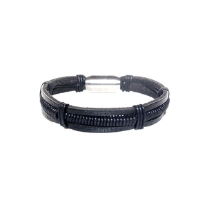 Men's multi-layer black braided leather bracelet with brushed magnetic metal clasp