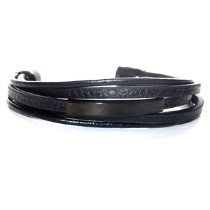 Minimalist black multilayer leather bracelet with a magnetic gunmetal steel plaque