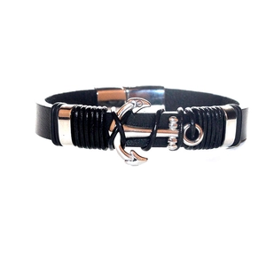 Punk geflochtenes schwarzes Lederarmband für Herren mit silbernem Ankerverschluss