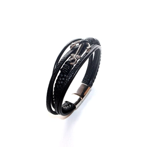 Multilayer black leather braided bracelet with silver nautical anchor charm and metal clasp