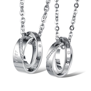 Stainless Steel Double Ring Pendant Necklace Rhinestone Inlaid Love Eternity Engraved Couple Jewelry Gift For Men Women