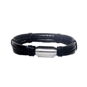 Men's multilayer black braided leather bracelet with silver magnetic cylinder clasp