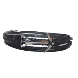 Bracelet nautique multicouche noir avec fermoir ancre argentée et cuir tressé mixte