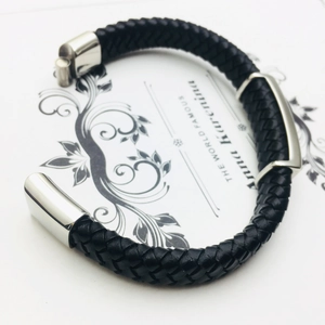 Men's braided black leather bracelet with polished stainless steel magnetic clasp