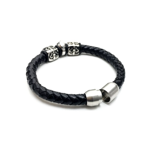 Mens black braided leather bracelet with silver iris metal charms and magnetic clasp