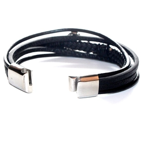 Multi-layer black braided leather bracelet for men with silver stainless steel magnetic clasp