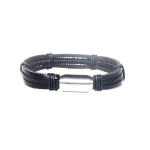 Men's multilayer black braided leather bracelet with magnetic stainless steel clasp