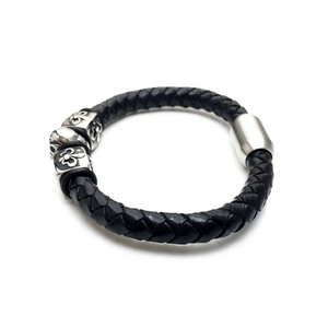 Retro braided black leather skull bracelet with stainless steel fleur-de-lis charms