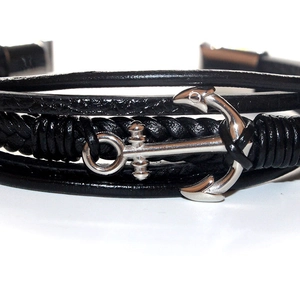 Men's multi-layer black leather bracelet with a polished silver metal anchor clasp