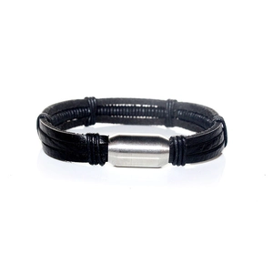 Men's multi-layer black leather wrap bracelet with brushed silver magnetic clasp