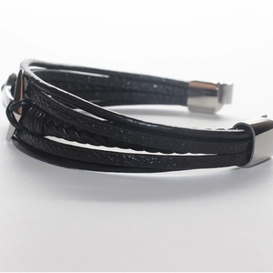 Bracelet multicouche en cuir tressé noir pour homme avec fermoir magnétique ancre