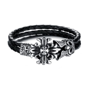 Gothic double-wrap black woven leather bracelet with vintage metal cross and crown buckle