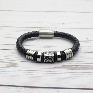 Braided black leather bracelet for men with Freemasonry steel charms and magnetic clasp