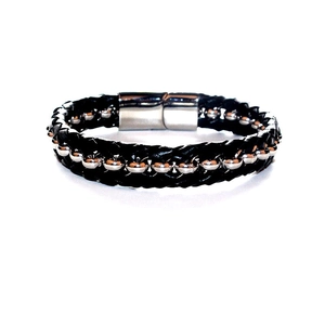 Men's Woven Leather Bracelet With Stainless Steel Beads Magnetic Clasp Fashion Black Braid Hand Chain Masculine Jewelry Accessory