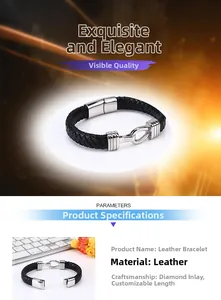 Detailed parameter chart for black braided leather bracelet with stainless steel clasp