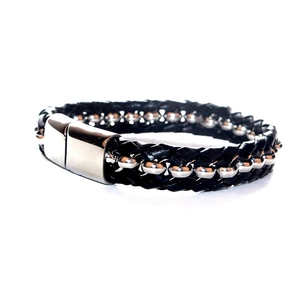 Men's braided black leather bracelet with silver beads and magnetic clasp on white background