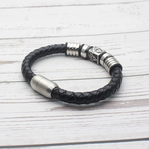 Men's vintage braided black leather bracelet with Freemasonry symbol in stainless steel