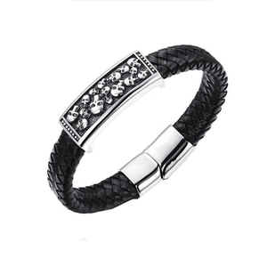 Bracelet Tressé En Cuir Véritable Homme Punk Rock Avec Plaque Gravée Crâne En Acier Inoxydable Fermoir Magnétique Bijoux Gothiques Cadeau