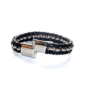 Men's black braided leather bracelet with silver steel beads and magnetic buckle clasp