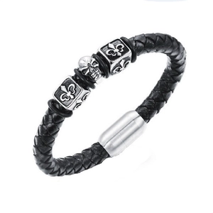 Men's retro skull leather bracelet with vintage stainless steel charms and magnetic clasp