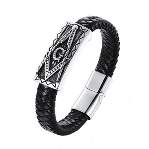Men's Vintage Braided Cowhide Leather Bracelet Stainless Steel Freemasonry Symbol G Plate Magnetic Clasp Punk Jewelry Gift
