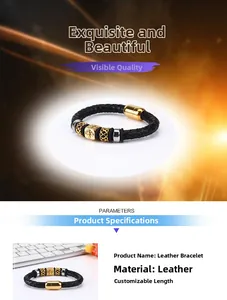 Detail of black braided leather bracelet with textured gold and silver metal accents