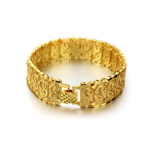 Detailed close-up of 18K gold plated men's bracelet with intricate dragon scale patterns