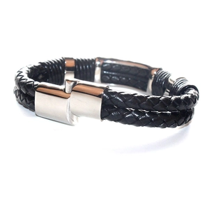 Bracelet pour homme en cuir tressé noir avec fermoir magnétique en acier inoxydable
