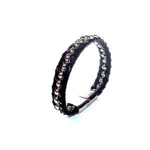 Men's braided black leather bracelet with silver bead accents and magnetic clasp